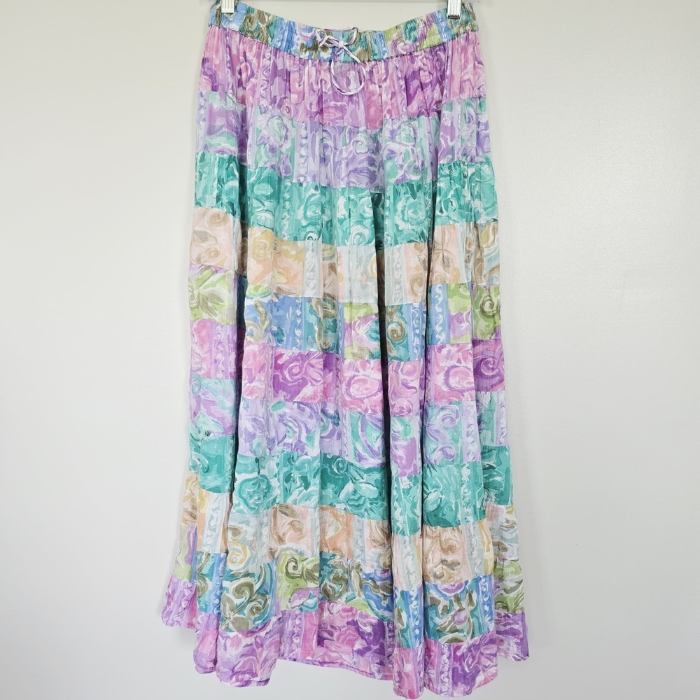 REVUE Muted Multicolor‎ Maxi Long Skirt Sz Medium Cotton Indian Boho Stripes.B45